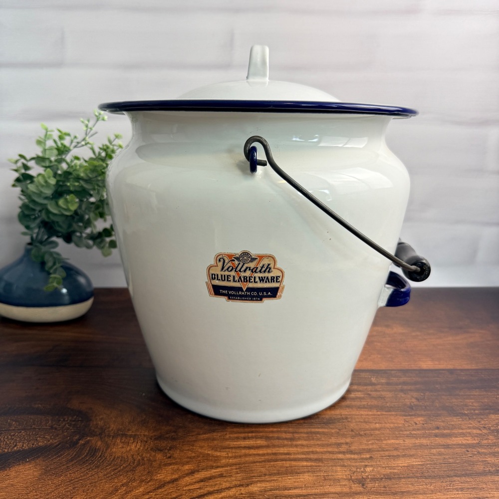 Vintage Vollrath Blue Labelware Enamel Chamber Pot with Lid White & Cobalt Blue